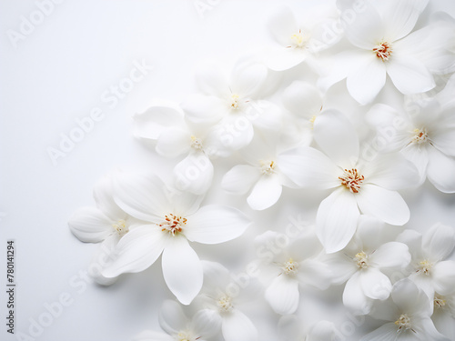 White flowers adorn a white background, providing ample copy space
