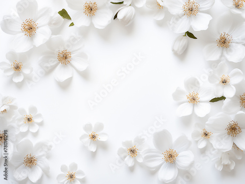 White flowers arranged flatly on a white surface, ideal for showcasing photo