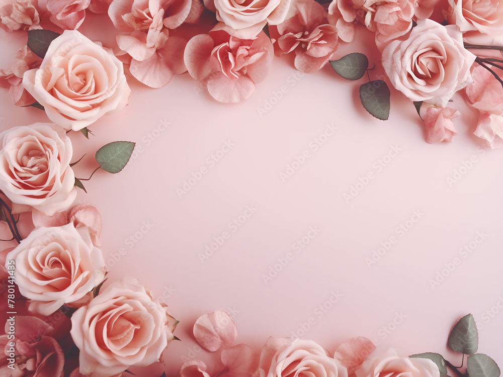 Pale pastel pink background adorned with a flat lay of floral textures