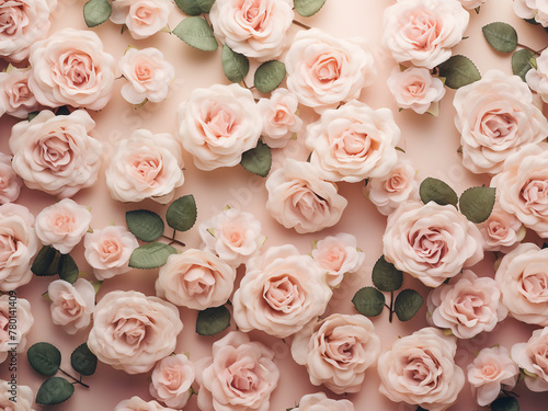 A flat lay top view showcasing a floral pattern of beige roses and eucalyptus