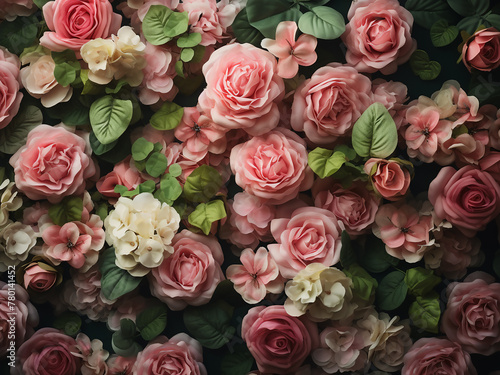 Floral arrangement of pink roses against a green clover wall backdrop