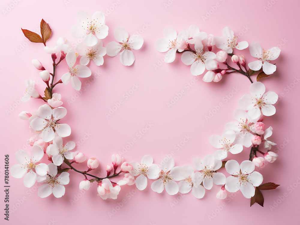 White spring flowers form a frame against a pink backdrop