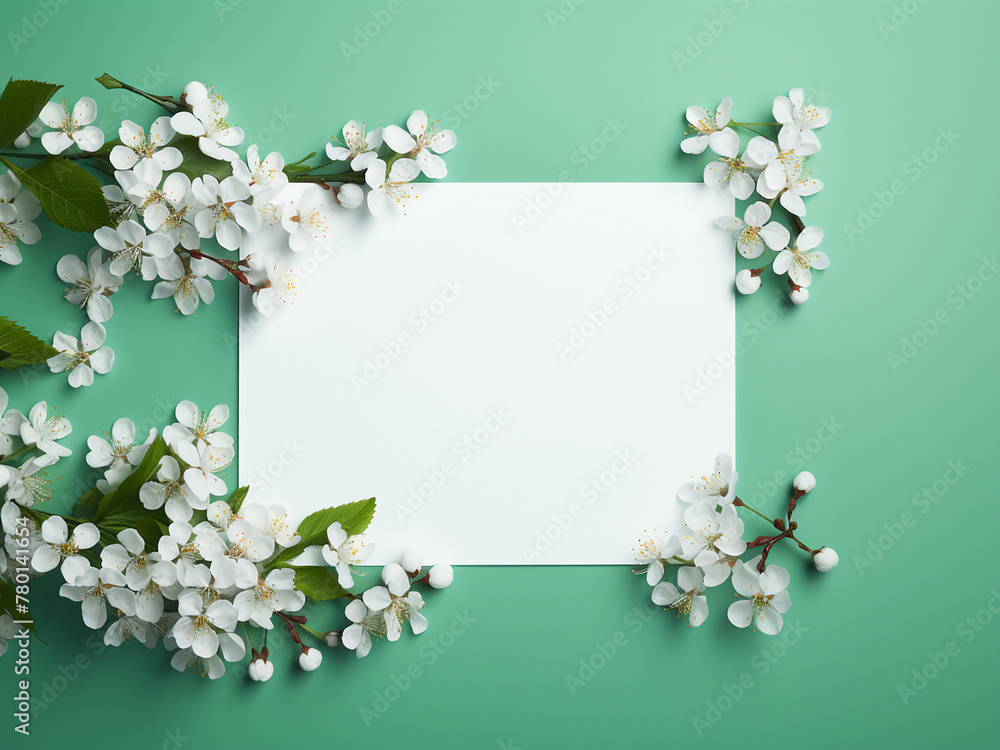 Spring cherry blossoms framed against a lush green background