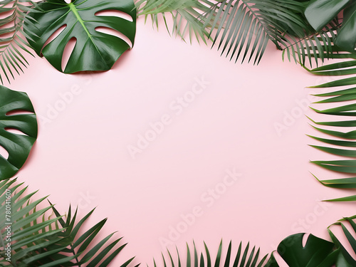 Tropical leaves of monstera and palm create a frame on pink with text space