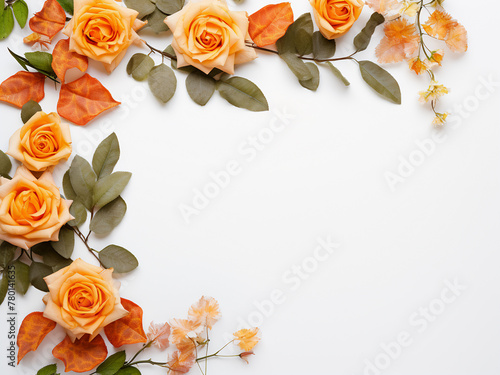 An arrangement of gray grefsheim spiraea cinerea and orange rose framed on white photo