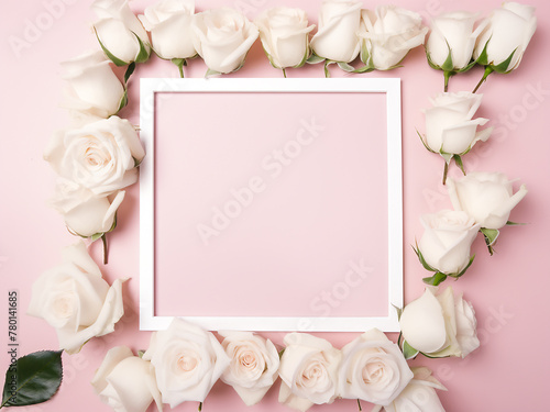Wallpaper Mural Flat lay top view reveals a frame of white roses against a pastel pink backdrop Torontodigital.ca