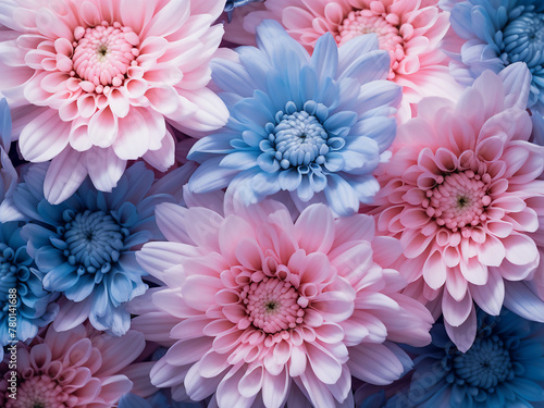 White chrysanthemums in blue and pink showcase freshness and beauty © Llama-World-studio