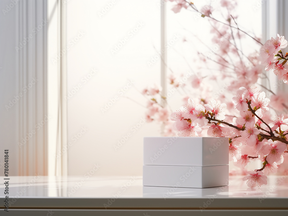 Lush pink sakura flowers adorn a geometric white interior setting