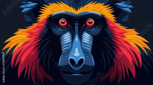 Vibrant digital art of a colorful baboon face