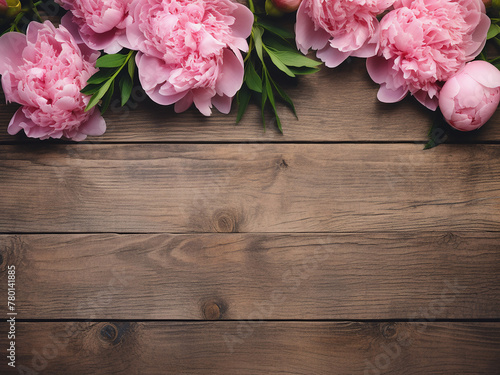 Vintage-toned image of pink peonies on weathered wood