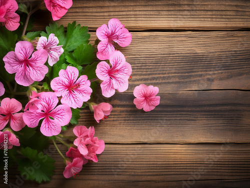 Top view of geranium blooms on a wooden backdrop with ample copy space