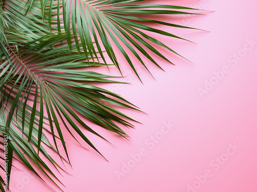 Copy space provided alongside green palm leaves on pink backdrop