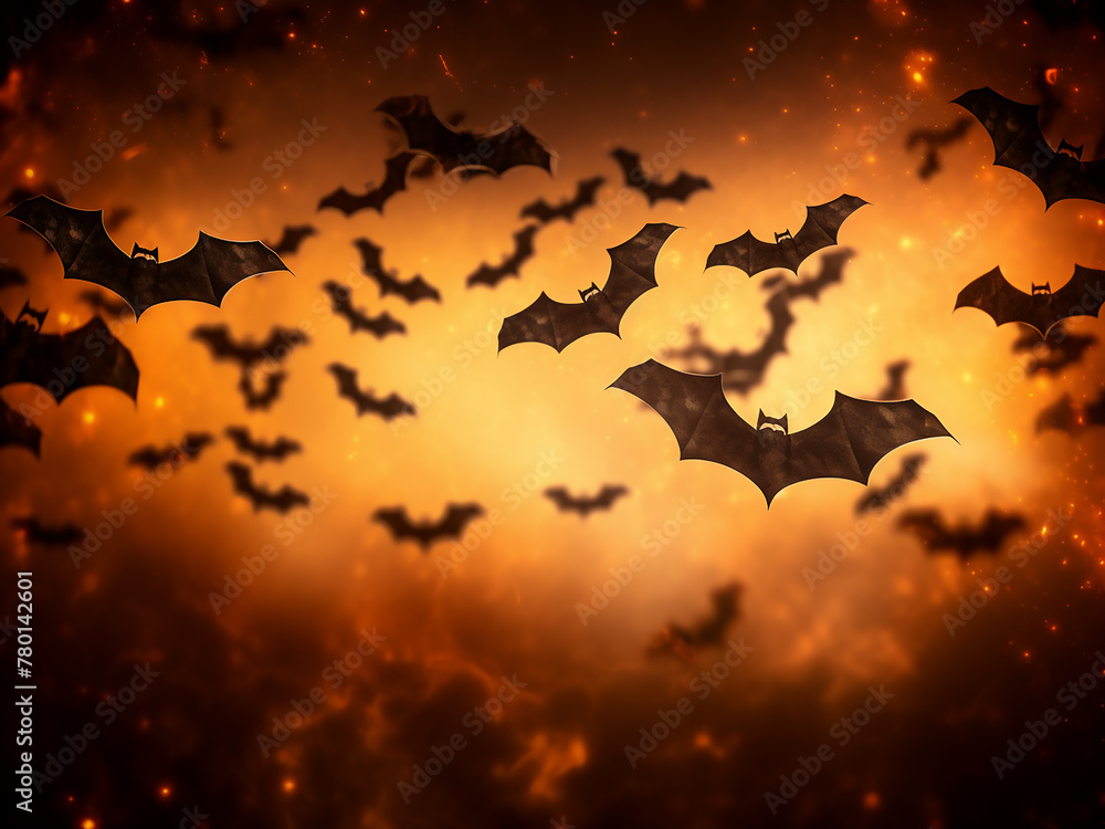 Halloween atmosphere depicted with bats flying on orange background