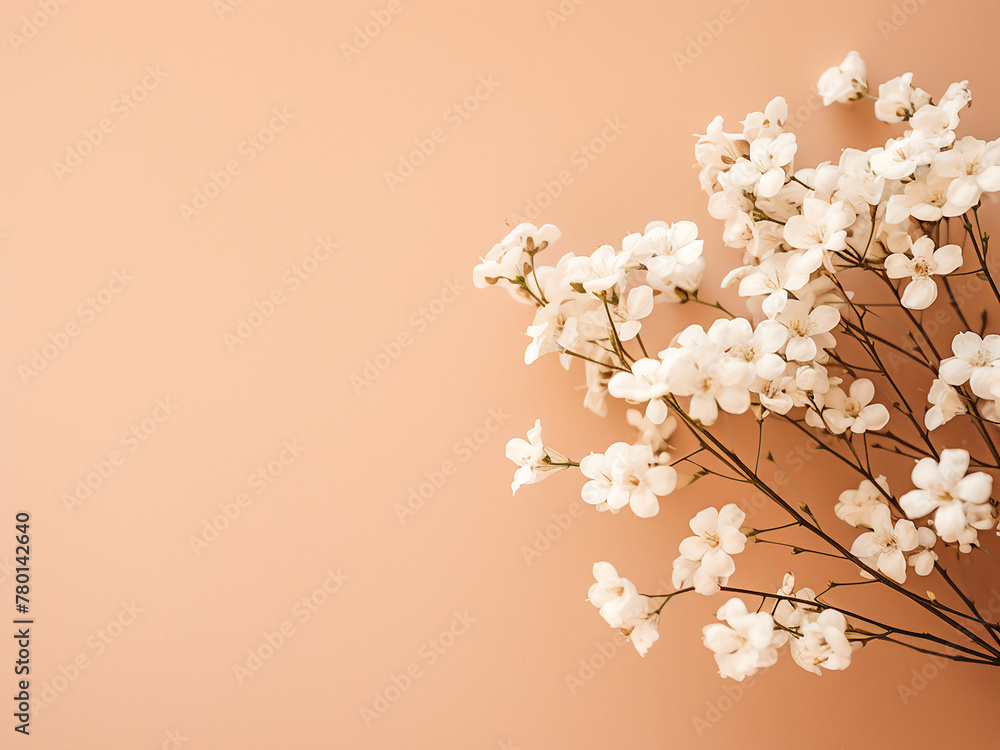 Copy space available with gypsophilia branch on beige backdrop