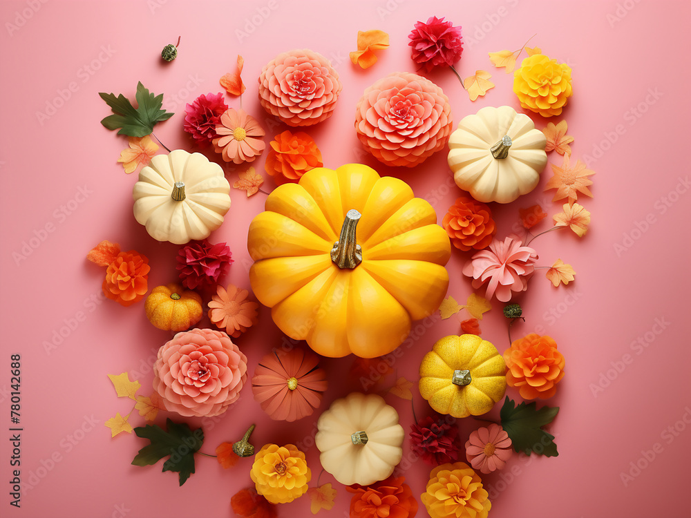 Stylish autumn flat lay with colorful flowers and pumpkins for Thanksgiving