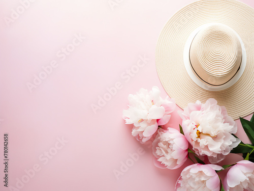 Pastel paper adorned with straw hat, peonies, and summer vibes for Mother's Day