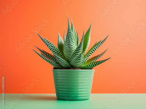 Vibrant background sets off Haworthia succulent in green pot