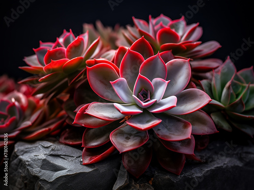 Vibrant echeveria pulvinata plant closeup against grey wall photo