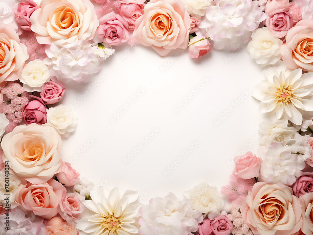 Floral background with live roses forming a frame for spring holidays
