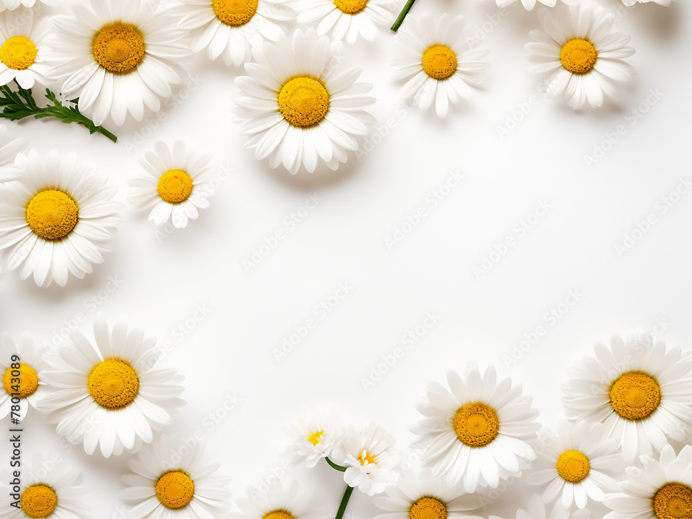 Daisies creatively arranged on white desktop for holiday greetings