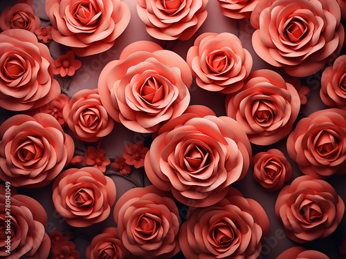 Background in living coral color decorated with rose and petals
