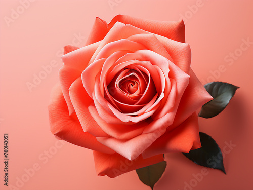 Rose and petals featured on a living coral color background photo
