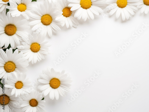 Creative layout features lovely daisies forming a floral border on white desktop © Llama-World-studio