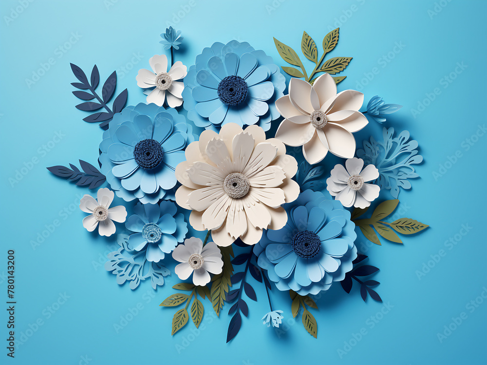 Paper flowers enhance the charm of women's day cards for March 8 on blue backgrounds Paper flowers enhance the charm of women's day cards for March 8 on blue backgrounds