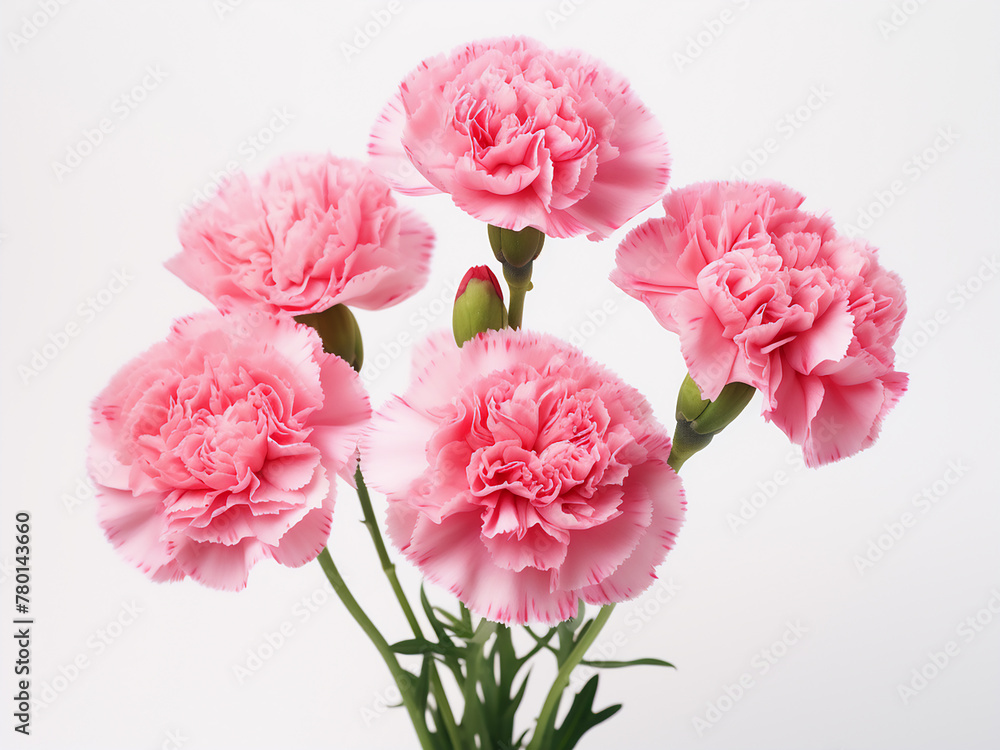 Beautiful fresh blooms of baby pink carnations stand out on a bright white background