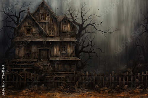 Spooky Haunted House with Bare Trees and Gloomy Sky in a Surreal Illustration