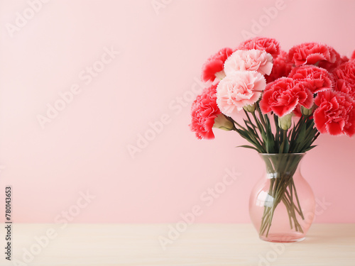 Top view of a beautiful carnation bouquet on a pink table