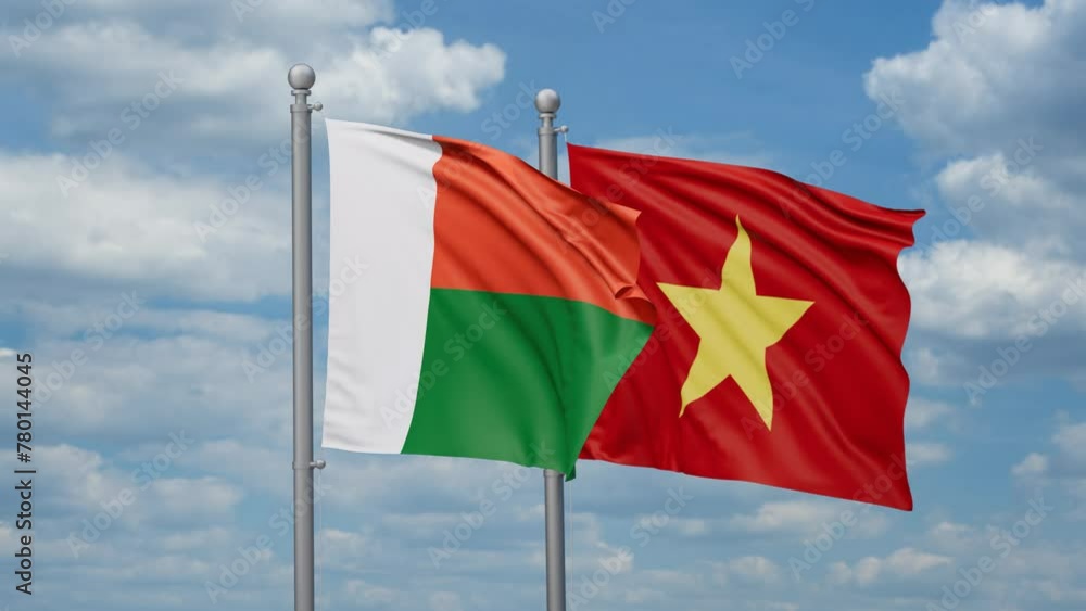 Vietnam and Madagascar two flags waving together, looped video Vietnam and Madagascar two flags waving together, looped video