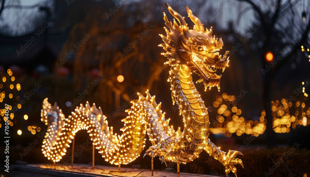 Fototapeta premium A golden dragon coiled around, curling,sparkling lights,generative ai