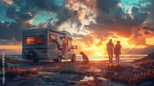 Photorealistic, French spaniel and newly retired couple aside a VR camper looking the Sunset at the beach, Action Shot Photography, Epic dynamic pose, Epic Cinematic composition, Cinematic Volumetric 