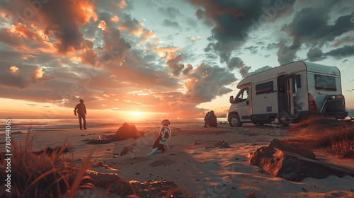 Photorealistic  French spaniel and newly retired couple aside a VR camper looking the Sunset at the beach  Action Shot Photography  Epic dynamic pose  Epic Cinematic composition  Cinematic Volumetric 