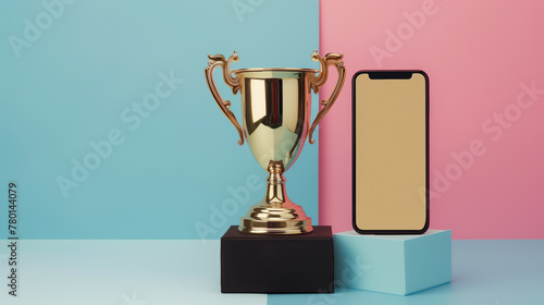 trophée en or à côté d'un smartphone avec un écran vide, pour la meilleure application mobile