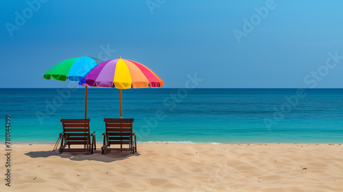 The Tranquil Beauty of Beach Solitude  Two Empty Chairs Await Beneath a Kaleidoscopic Rainbow Umbrella  Whispering Tales of the Deep Blue Sea