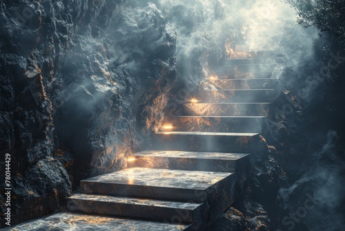 Mystical stairway illuminated in a rocky cavern