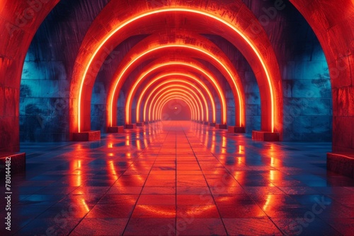 Futuristic red neon tunnel with arches