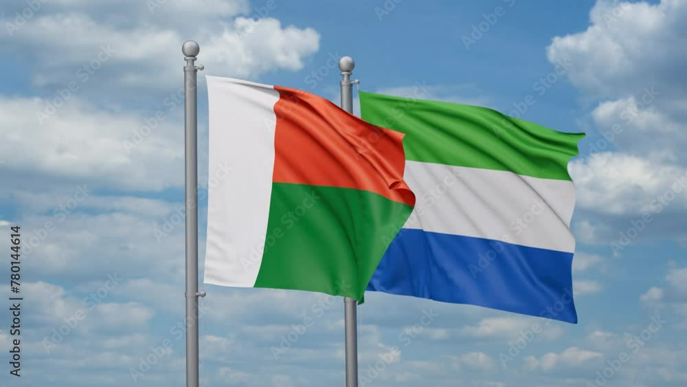Sierra Leone or Salone and Madagascar two flags waving together, looped video, two country cooperation concept Sierra Leone or Salone and Madagascar two flags waving together, looped video, two country cooperation concept