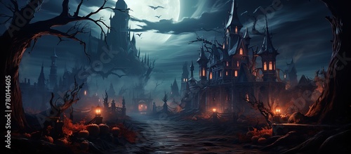 Scary halloween background with spooky haunted house and graveyard photo