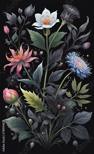 Primer plano de macizos de flores en flor de incre  bles flores negras sobre un fondo de textura floral de humor g  tico oscuro. Efecto fotorrealista.