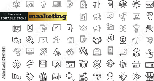 Digital marketing icons set. Content, search, marketing, ecommerce, seo, electronic devices, internet, analysis, social and more line icon.