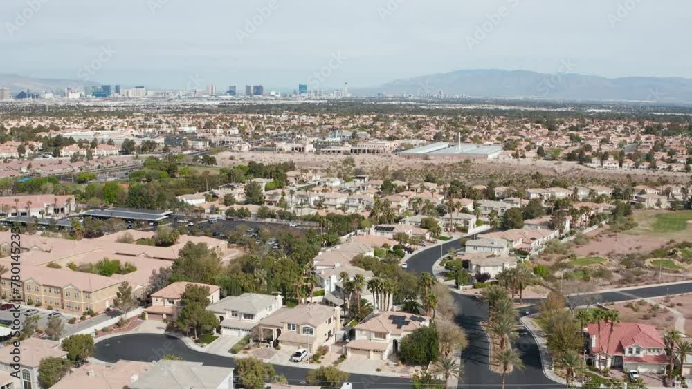 Aerial pulback shot of Henderson Las Vegas suburban community with city skyline Aerial pulback shot of Henderson Las Vegas suburban community with city skyline