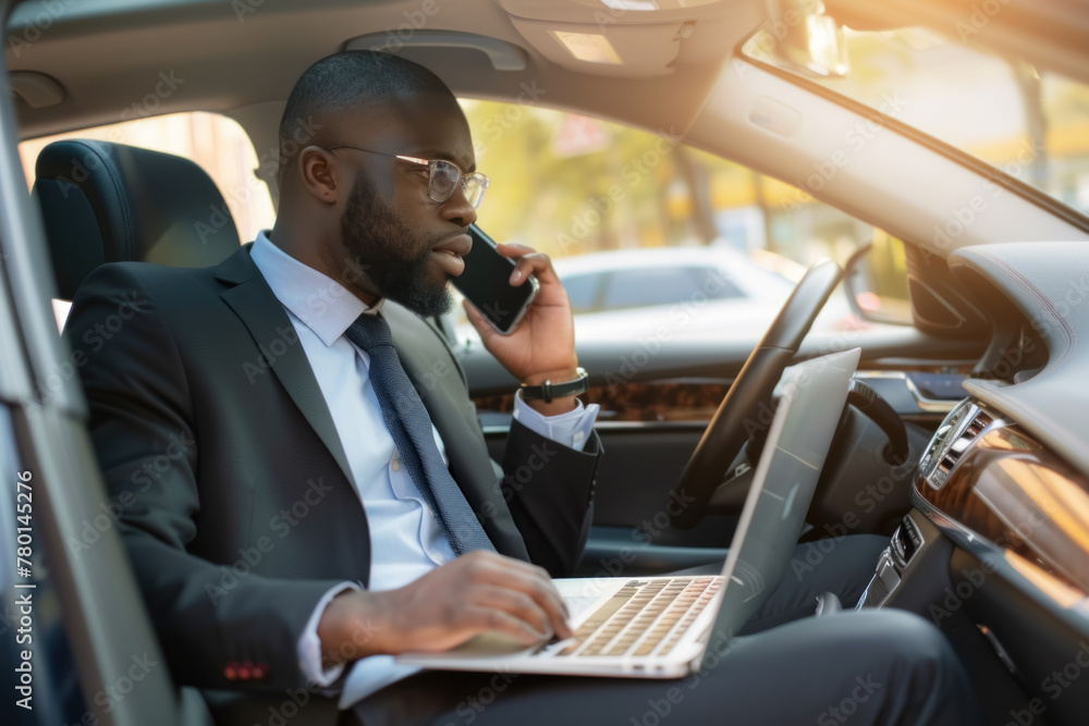 Businessman Multitasking with Laptop and Phone in Car