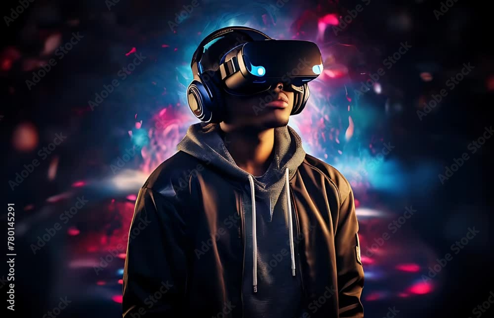 Man wearing VR Glasses. Metaverse digital cyber world technology.
Man wearing VR Glasses. Metaverse digital cyber world technology.