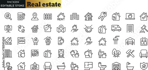 Real estate icons set. Set of 55 Real estate outline icons collection. Rent, building, agent, house, auction, realtor, property, mortgage, home and more