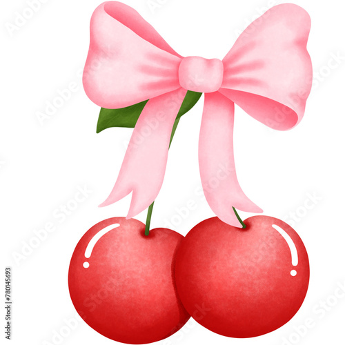 Pink coquette cherry bow clipart, Hand drawn watercolor illustration.