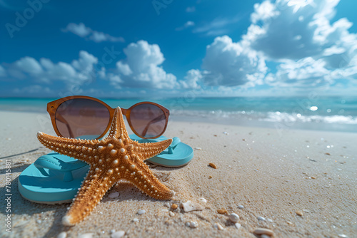 Tropical Paradise: Vibrant Summer Beach Holiday Scene with Sunglasses, Starfish, and Flip-Flops on Sandy Shore © Aouad