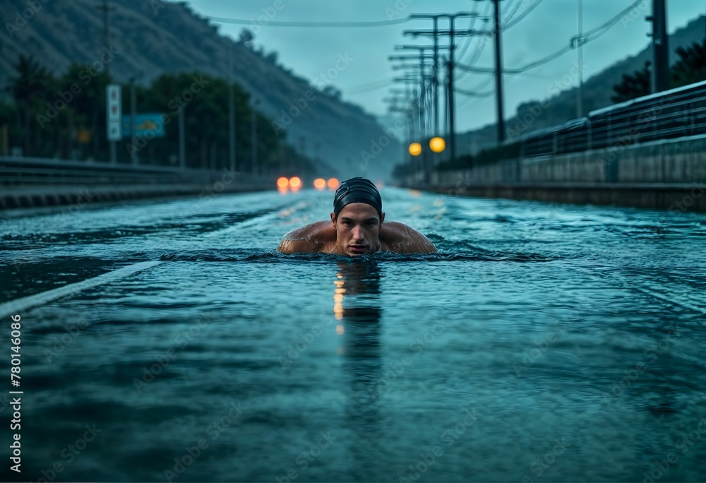 man swimming in the middle of the road with car lights in the background